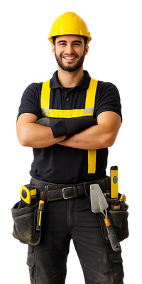 Professioneller Bauarbeiter in Arbeitskleidung mit Werkzeug – Freisteller