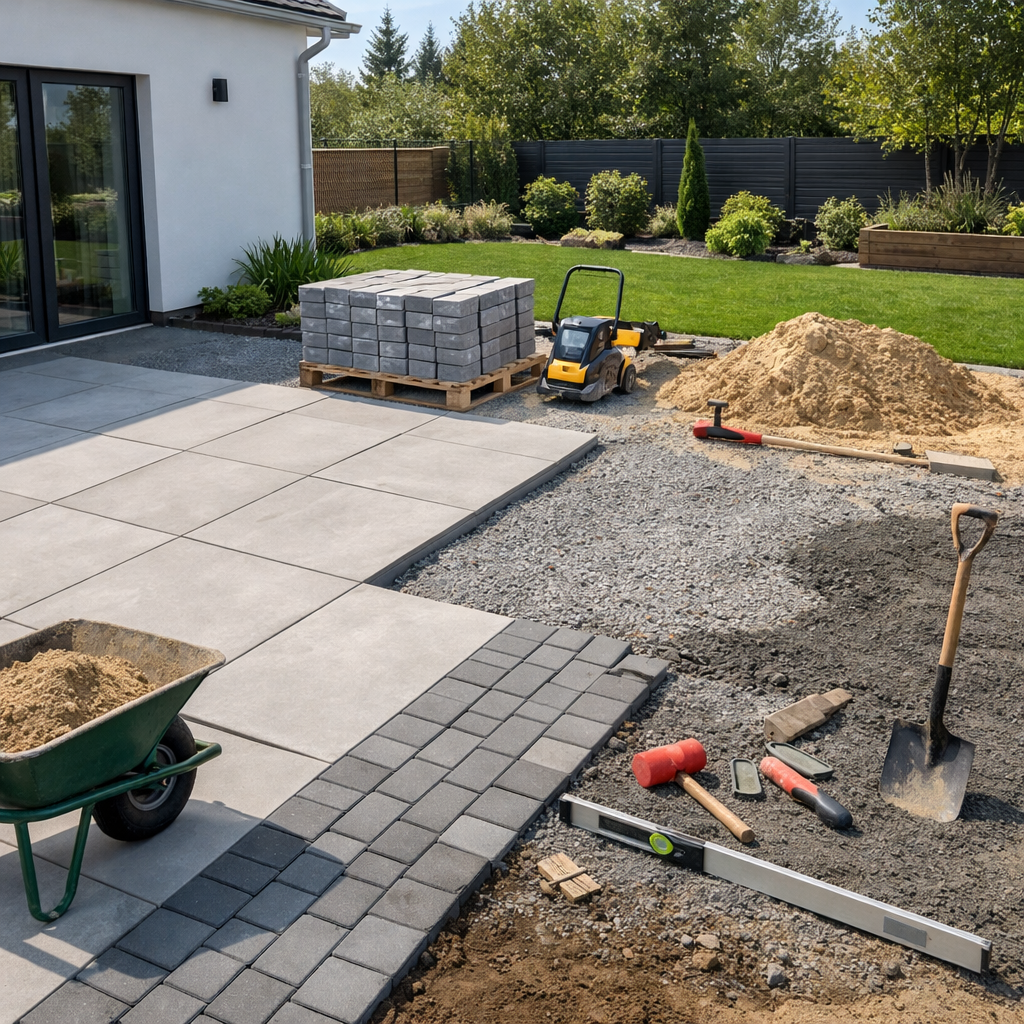 Pflasterarbeiten – Verlegung von Pflastersteinen und Terrassenplatten am Haus